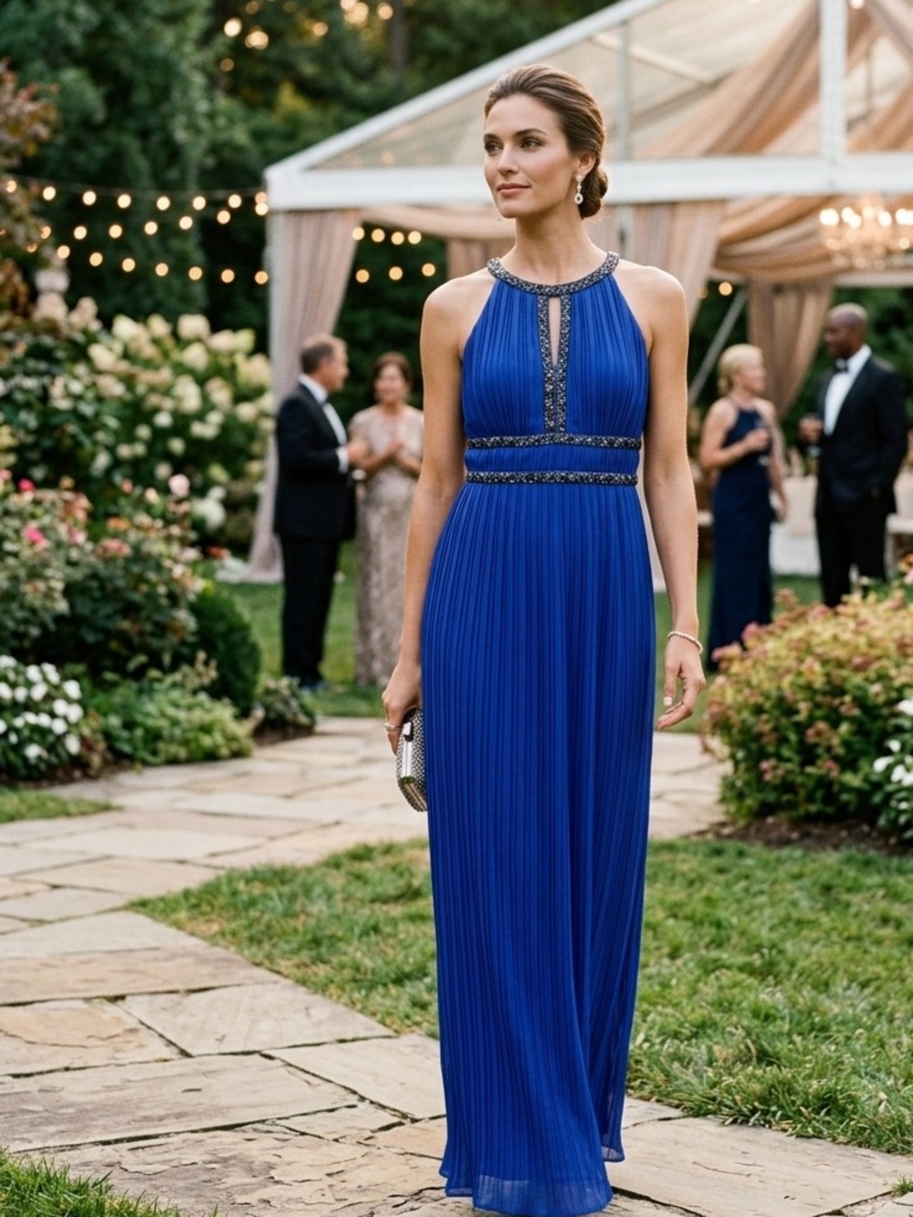 Signature by Sangria Cobalt Beaded Halter Maxi Dress